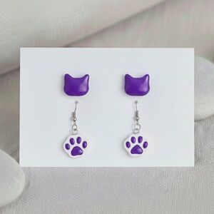 Cat Resin Earring Set - Handmade - Hypoallergenic - Purple
